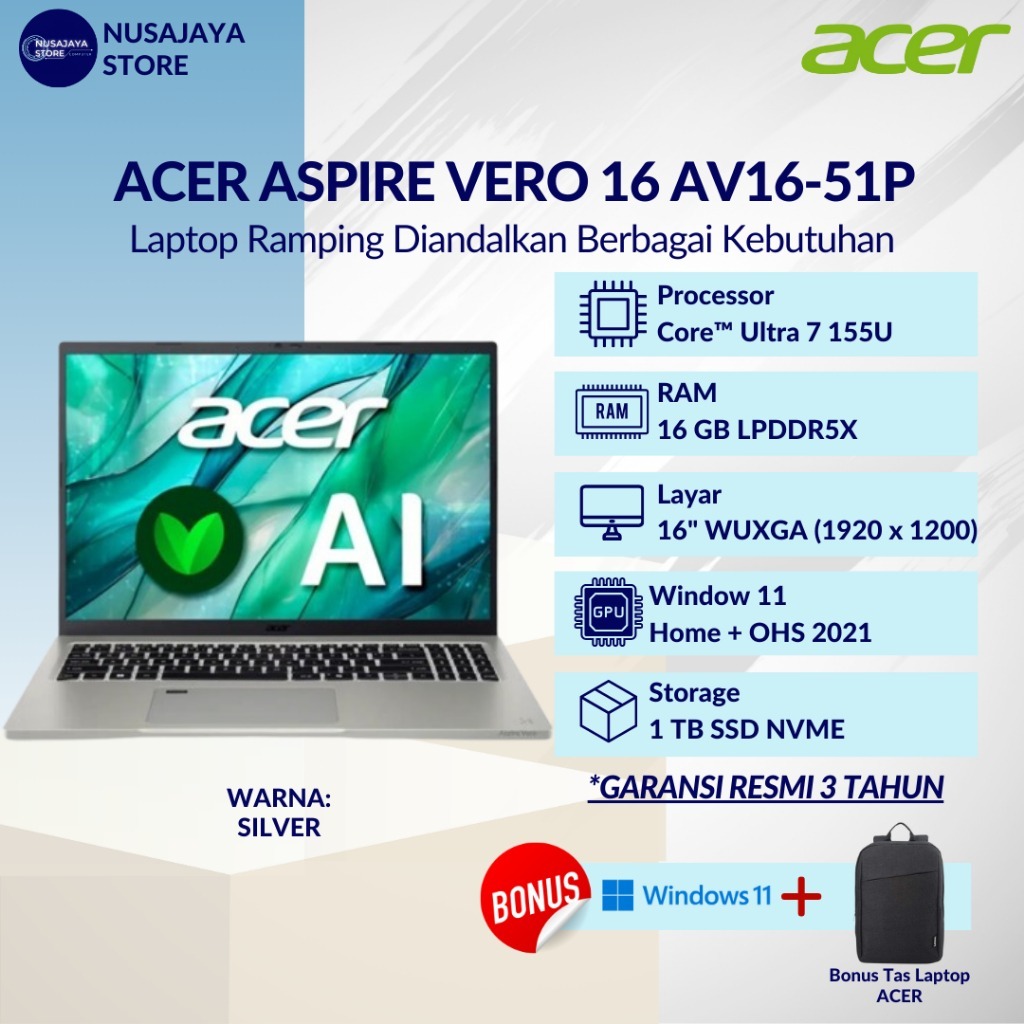 ACER Aspire Vero 16 AV16-51P Ultra 7-155U 16GB 1TB 16" WUXGA sRGB 100% W11 OHS