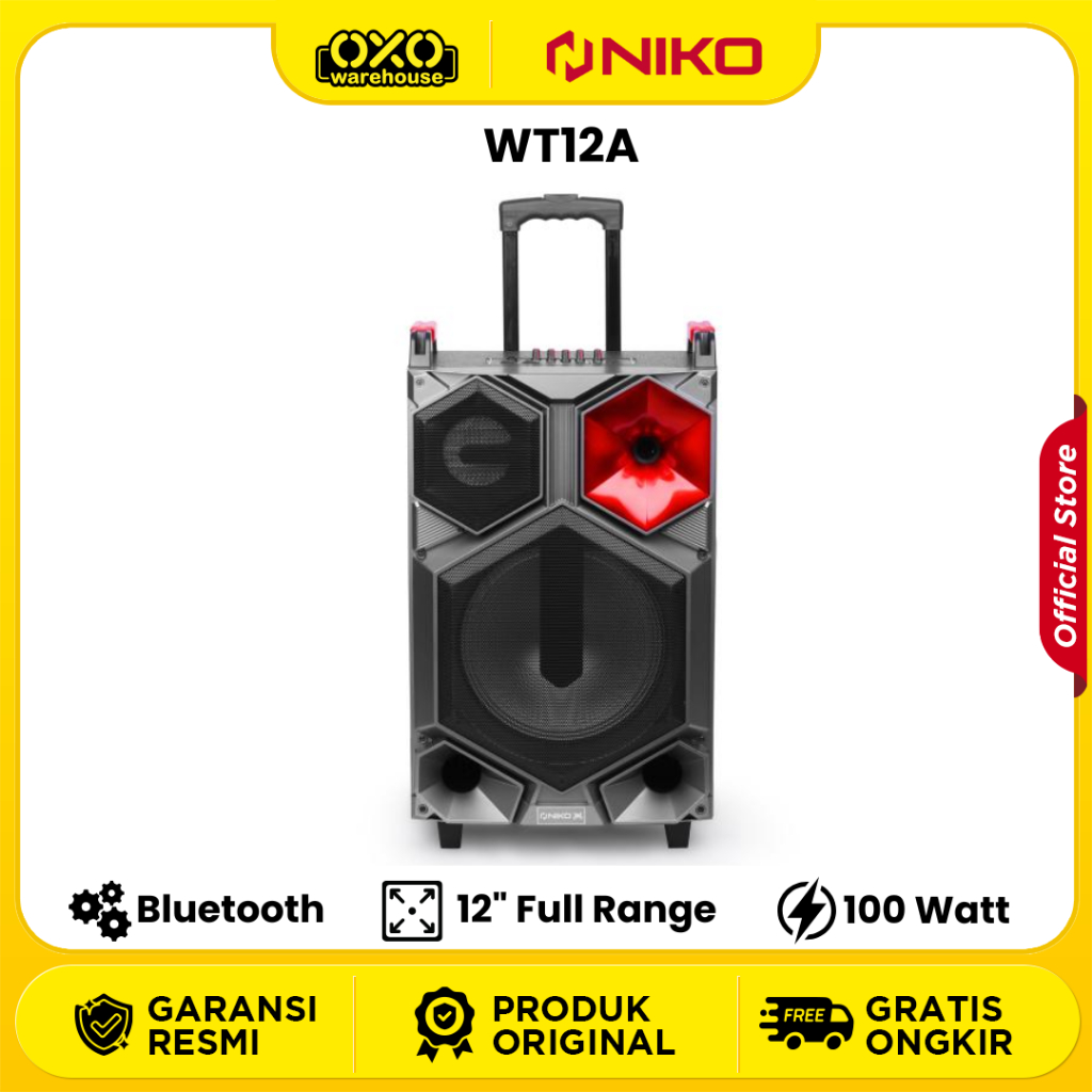 NIKO WT12A Trolley Speaker 12" Full Range Bluetooth With Remote Control  Wireless Mic Garansi Resmi