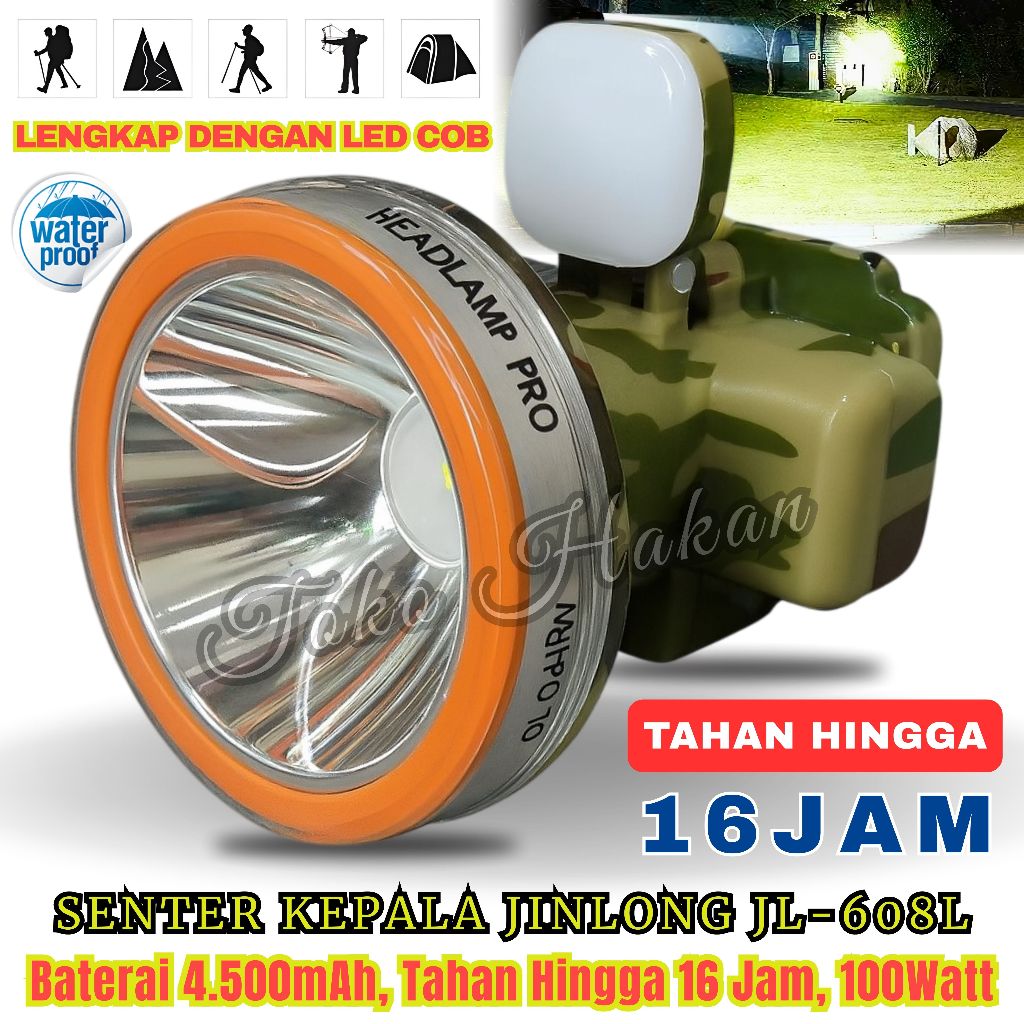 Senter Kepala JINLONG JL-608L Headlamp Mini, 100W Cahaya Putih Tahan Sampai 16Jam | Senter Kepala 4.