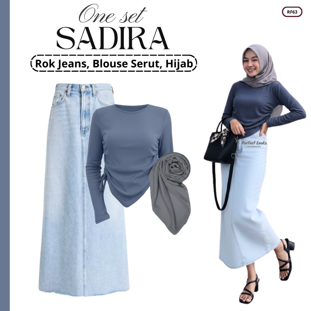 Setelan Rok Jeans | Rok Jeans, Blouse Serut, Hijab | One Set Wanita Hijab Kekinian RF63