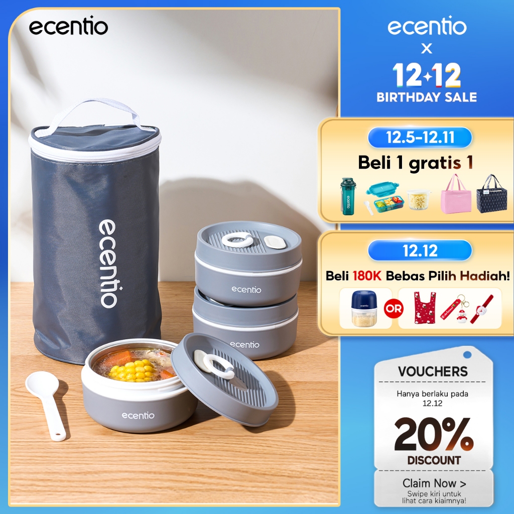 Ecentio Kotak makan stainless  304 stainless set/Kotak makan anti tumpah
