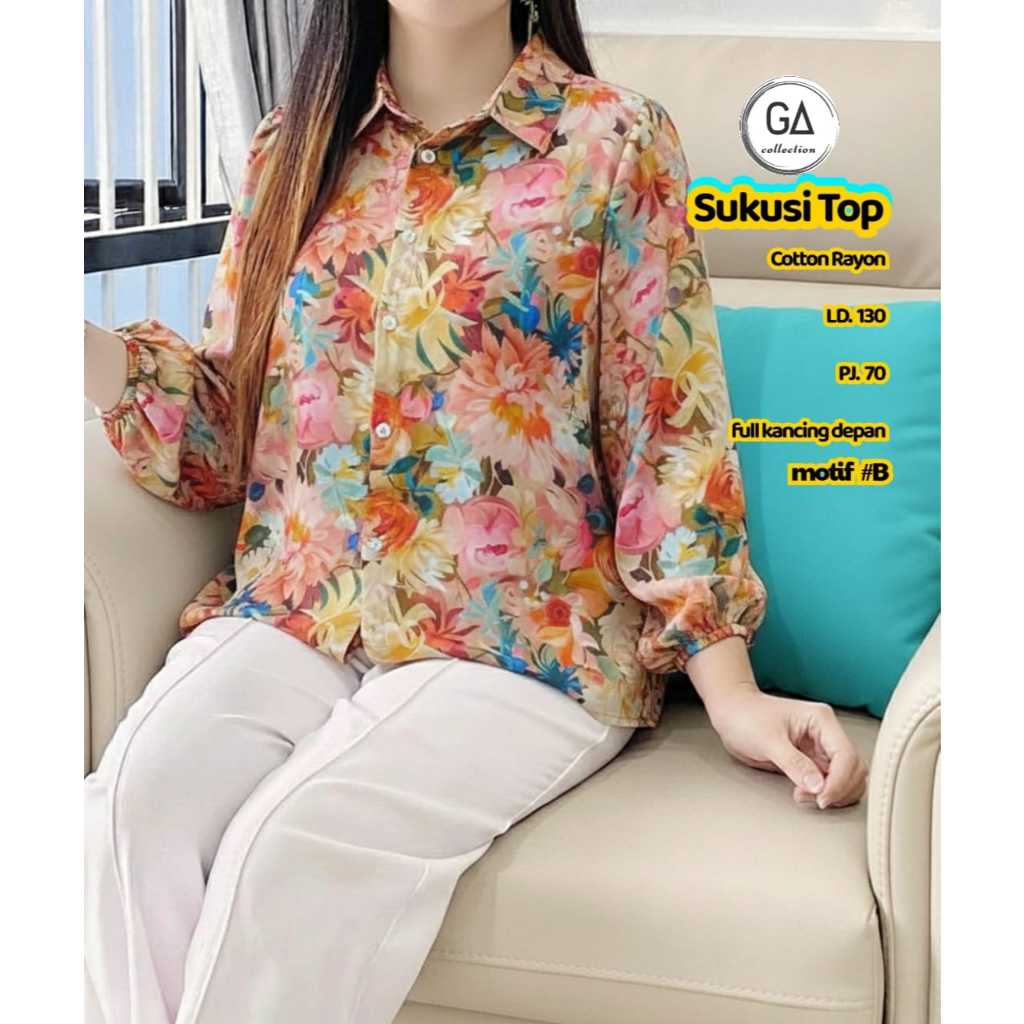 BLOUSE JUMBO LD 130 KATUN RAYON MOTIF TERBARU BAJU ATASAN WANITA LENGAN KERUT BUSUI KANCING AKTIF SA
