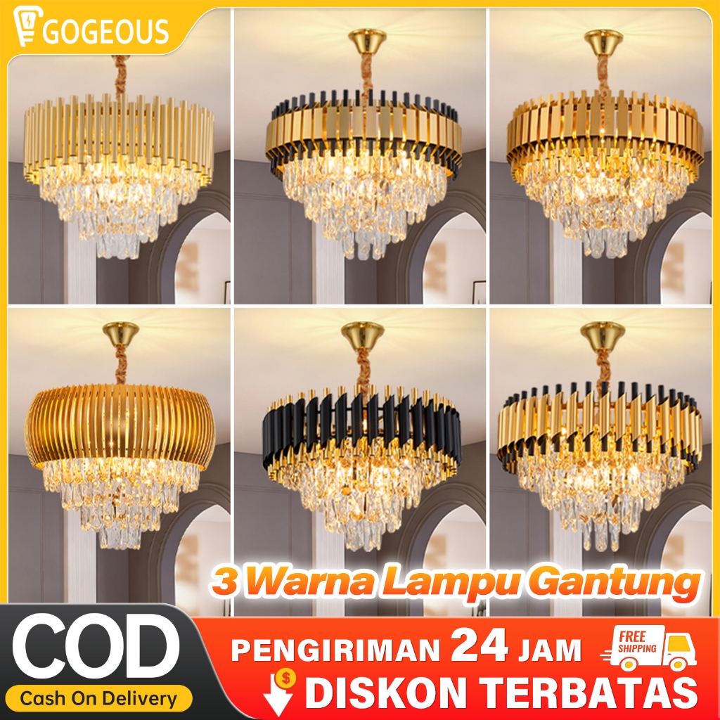 COD Lampu Gantung Kristal Tamu Mewah 3 Warna Ruang Tamu 50CM Lampu Gantung Kristal Hias