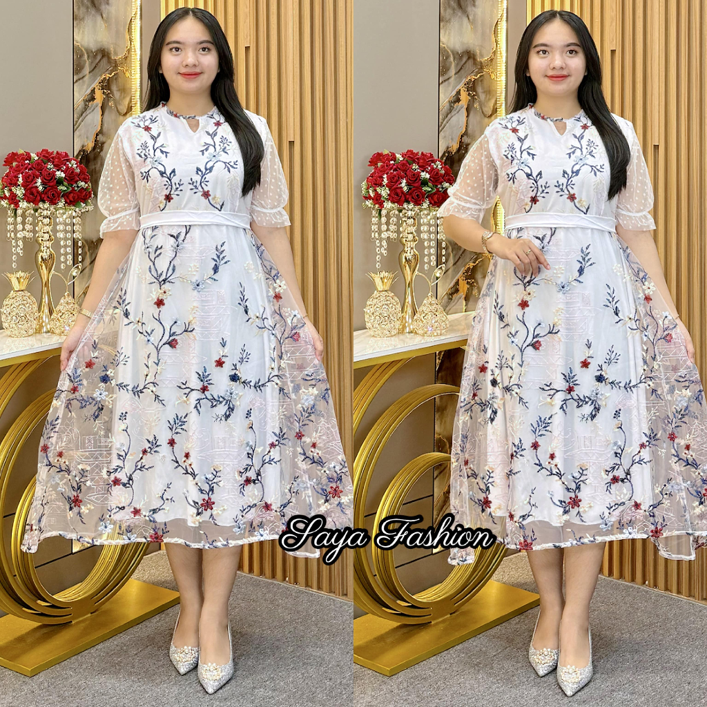 Maxi Dress Putih Tile Bordir Bunga Longdress Pesta Wanita 20110 11