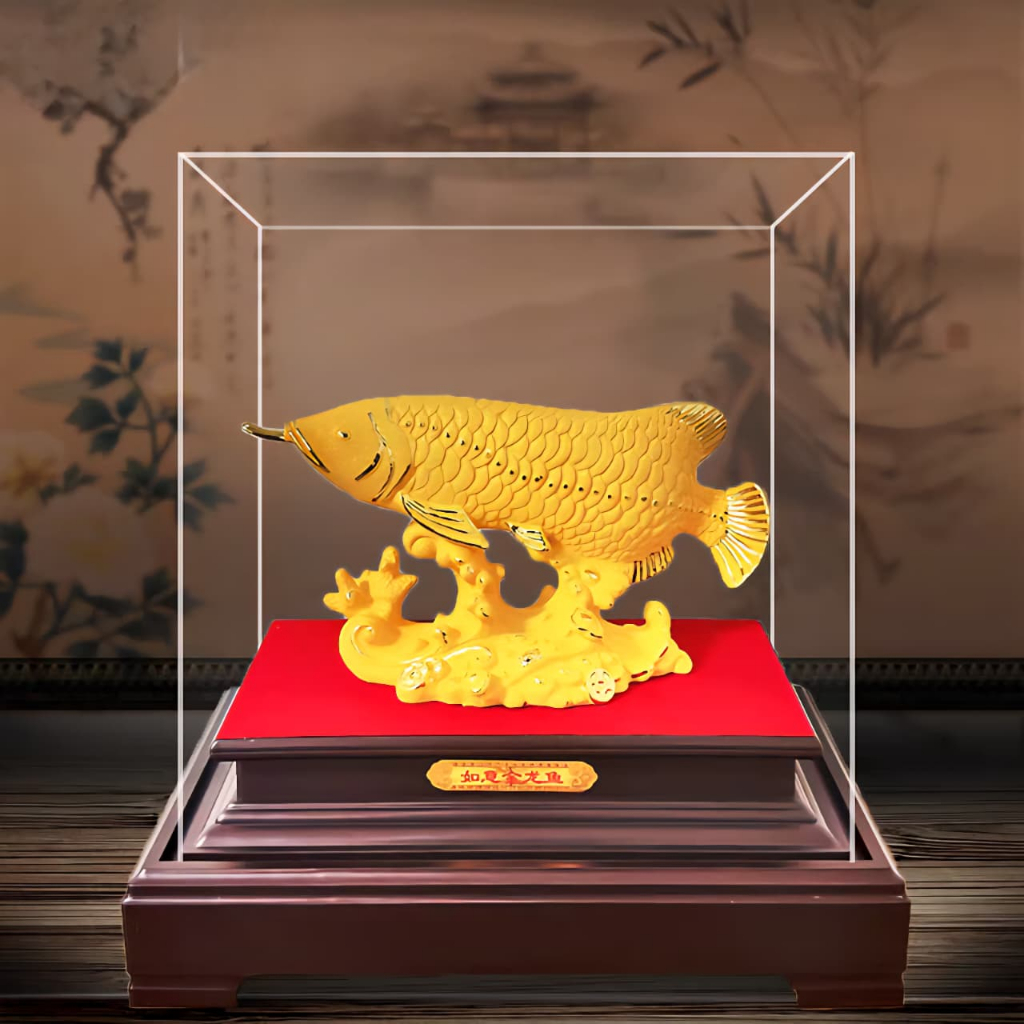 Patung Arwana Box Kaca Akrilik Kado Souvenir Imlek Murah Patung Emas Golden Dekorasi Pajangan Emas M