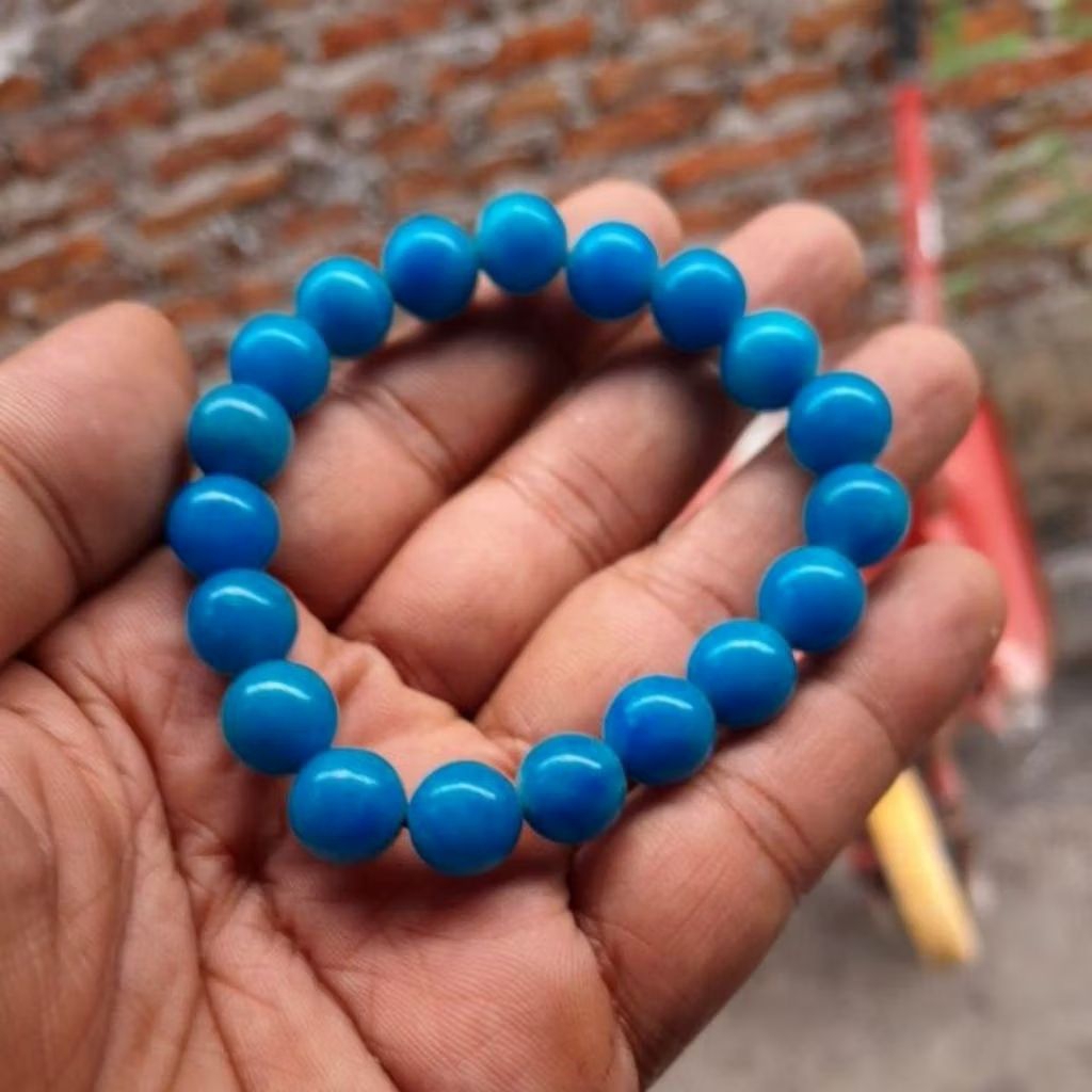 gelang batu pirus biru fancy polos gaya turki natural batu 10 mm