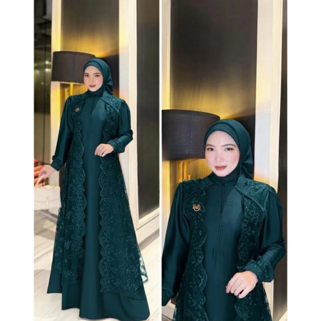 Deswita Dress Emerald Blue Gamis Brukat Mix Silk Roberto Premium Baju Kondangan Wanita Lebaran 2026