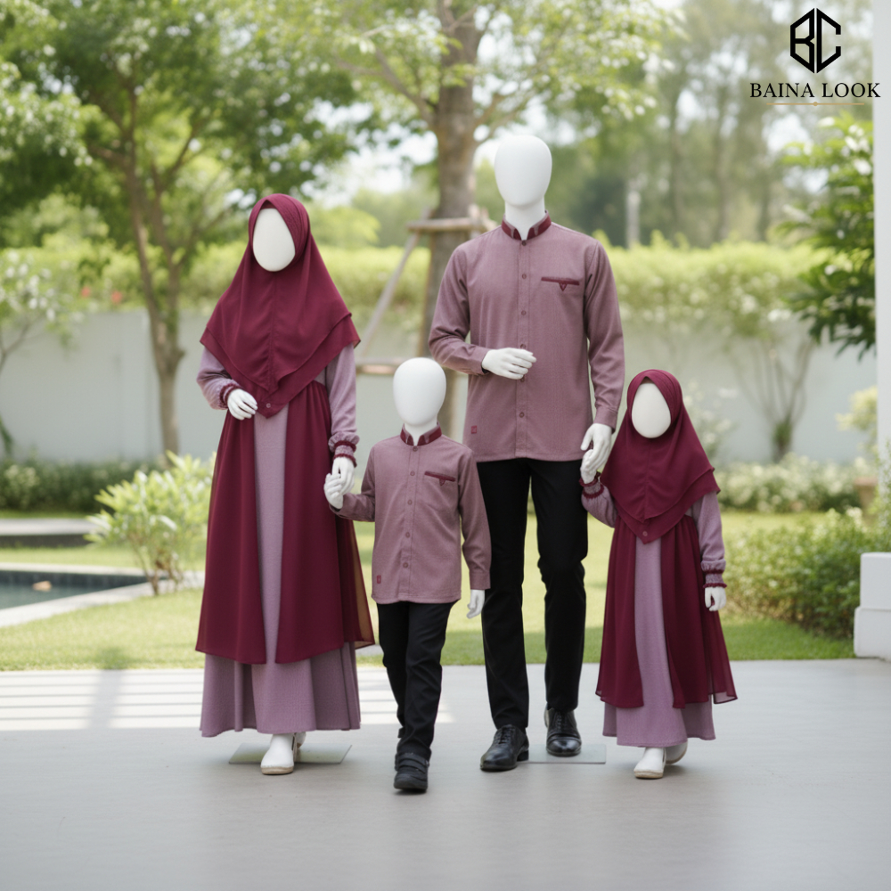 Baju Sarimbit Madina Premium Set Keluarga Muslim Maroon Gamis Ibu Anak Koko Ayah Couple Terbaru Leba