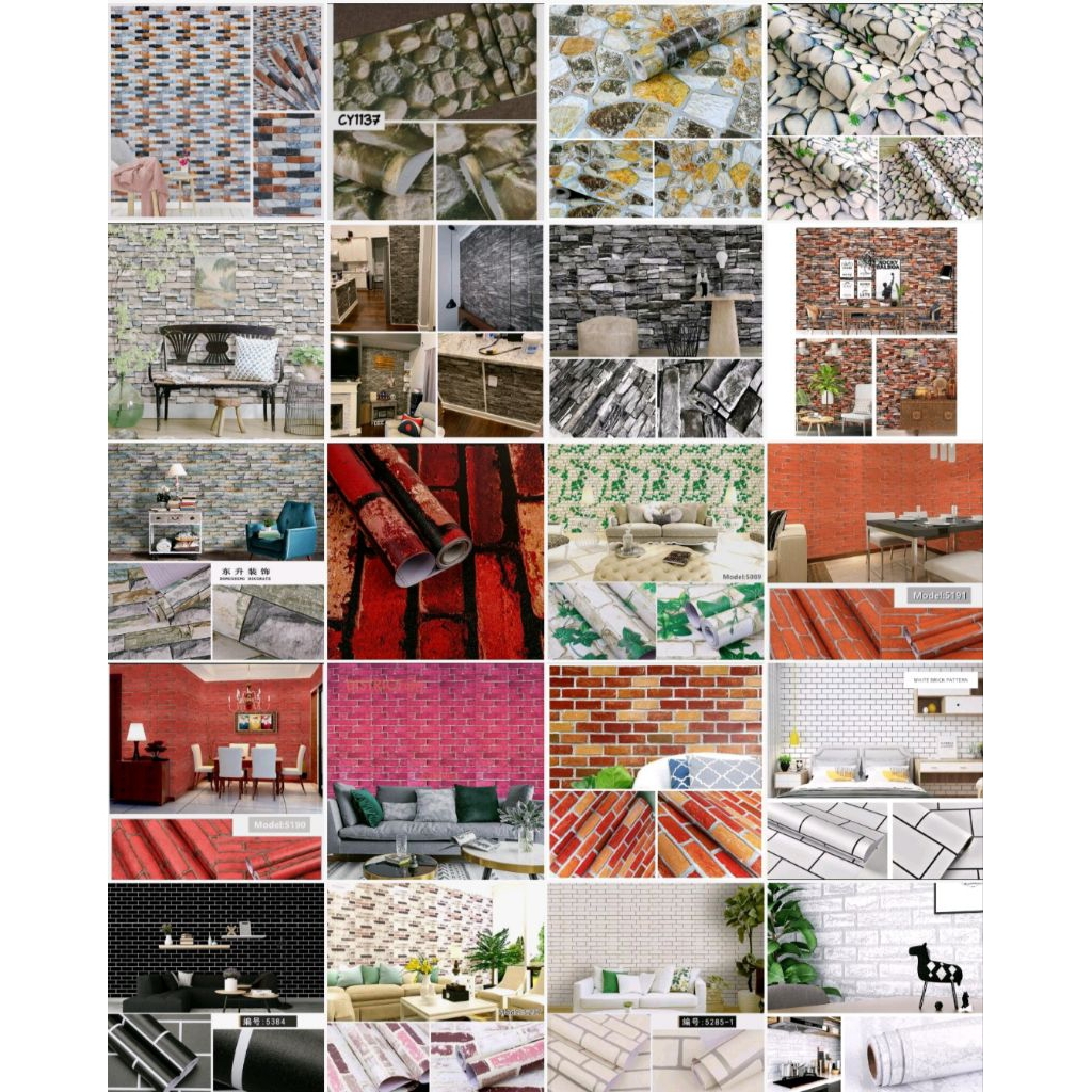 Wallpaper Stiker Dinding Batu Bata Hitam Alam Elegan Kertas PVC TahanAir Mudah Dibersihkan untuk Dek