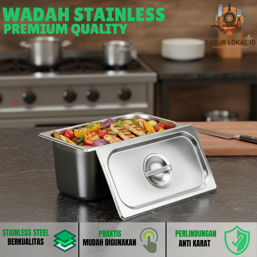 Wadah Stainless Steel Bertutup Serbaguna Wadah Sayur Tutup Wadah Makanan dan Lauk Stainless TR321