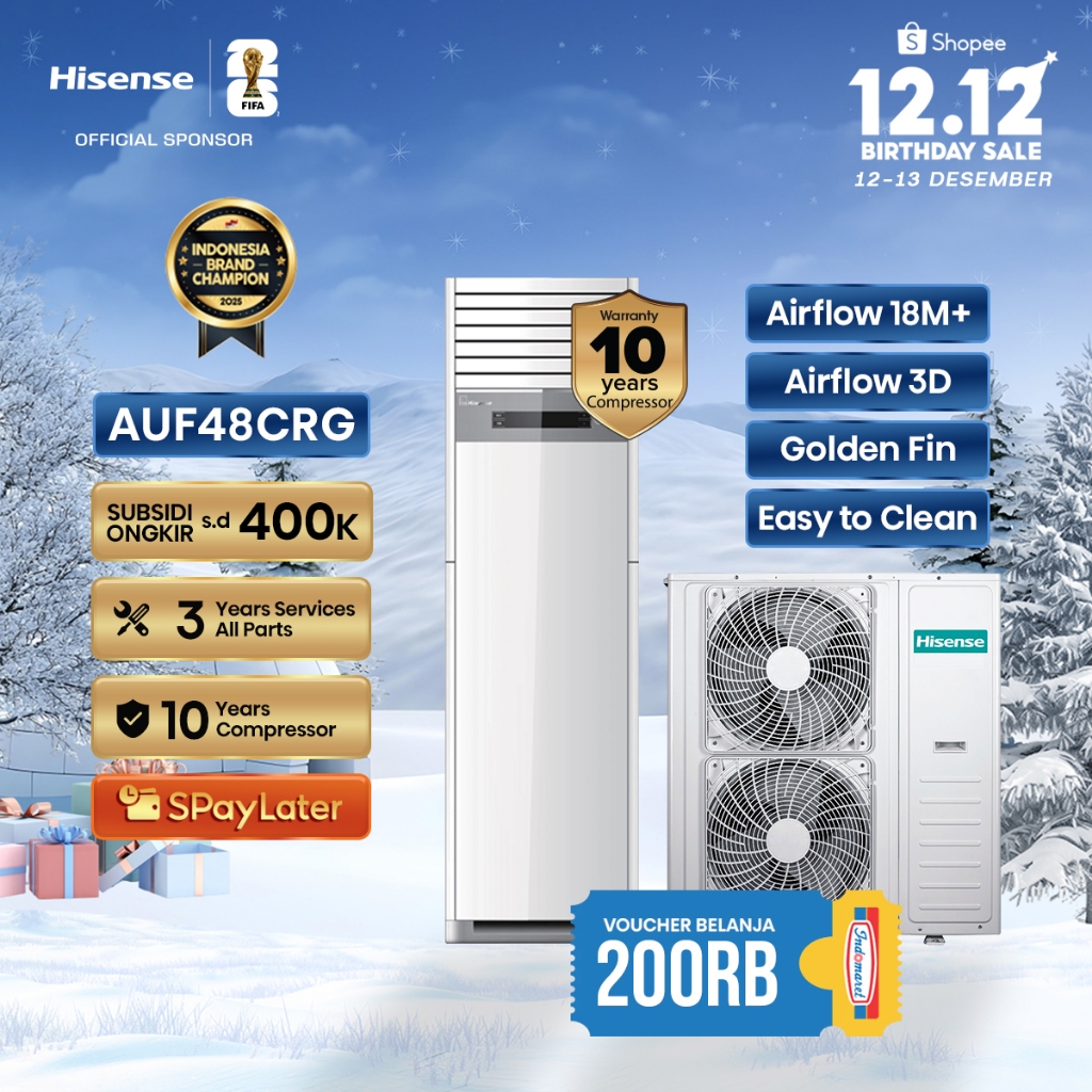 Hisense AC AUF48CRG Inverter 5 PK Floor Standing Air Flow Jarak Hingga 18M Lebih Pendinginan 4D Ruan