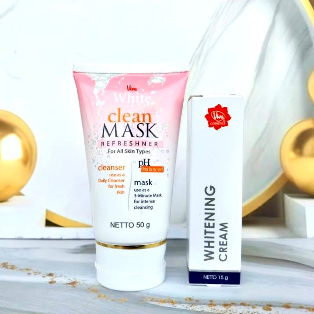 Paket Viva White Clean Mask 50gr + Whitening Cream 15 gr - Perawatan Wajah Glowing Jerawat dan Bermi