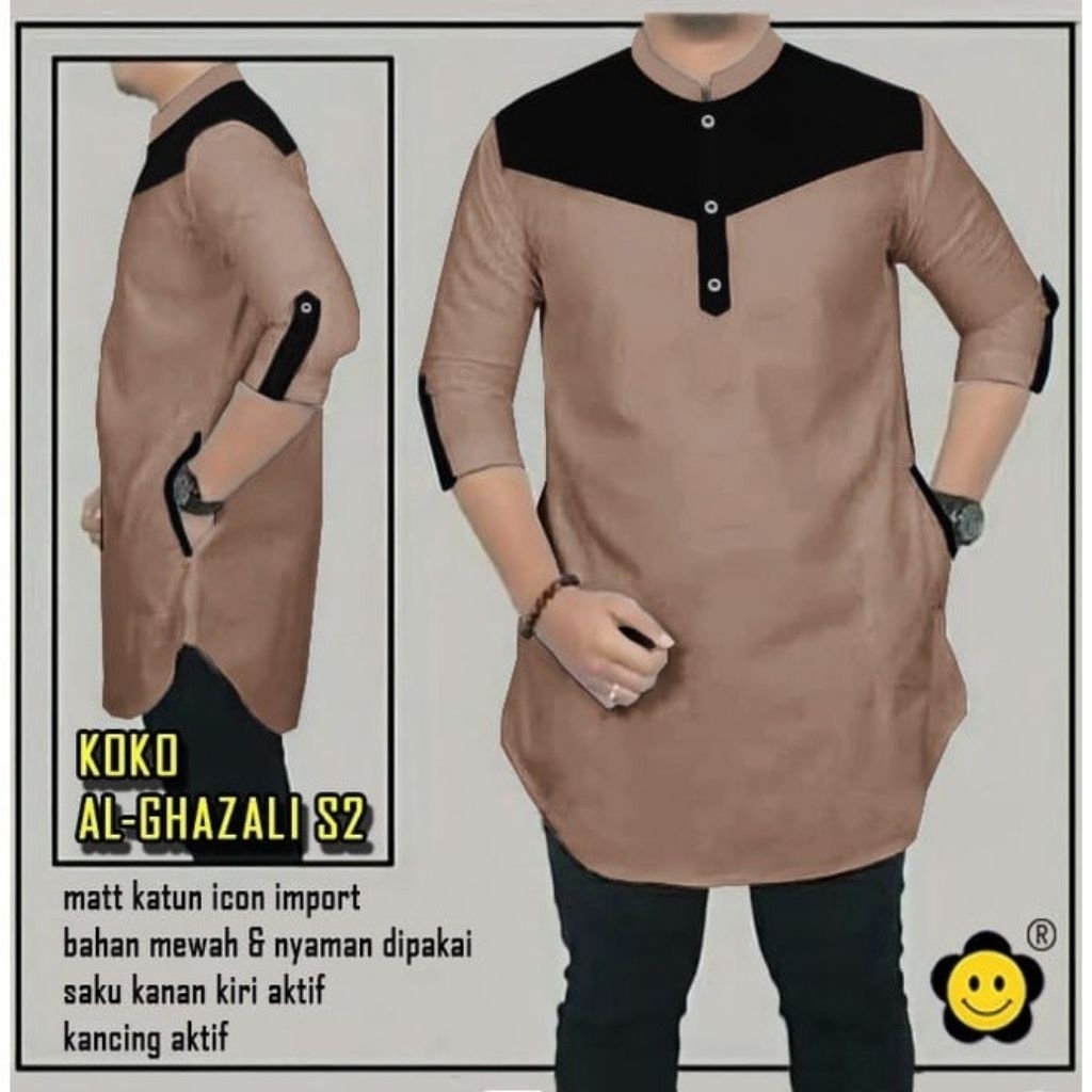 GHAZALI 2 - Koko Pria Dewasa Katun Fashion Muslim Pria/ Pakaian ayah koko kurta lengan tangan 3/4 ko