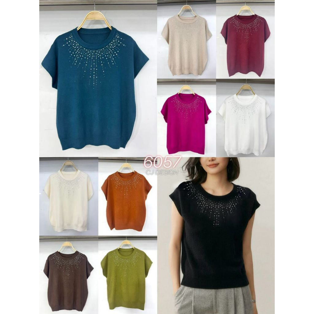 [READY] 100% BANGKOK THAILAND BAJU ATASAN BLOUSE WANITA RAJUT KNIT KANCING LEHER V POLOS STRIPES PRE