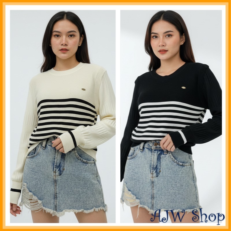 AJW Atasan Rajut Wanita Round Neck Vest Stripe Lengan Panjang Knit Premium XCD | Vest Rajut Stripe A