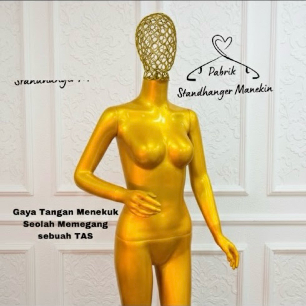 Manekin Full Body Gold Kepala Besi Premium | Full Body Wanita Emas Fiberglass Model Kepala Besi | Ma