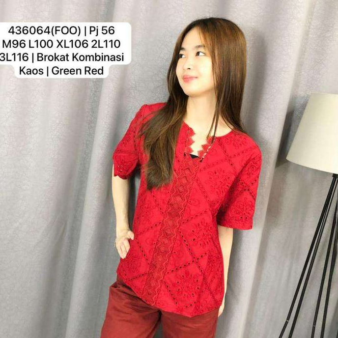 436064 | BLOUSE KAOS KOMBINASI BROKAT PREMUM NO STRETCH LENGAN 3/4 MAROON GREEN