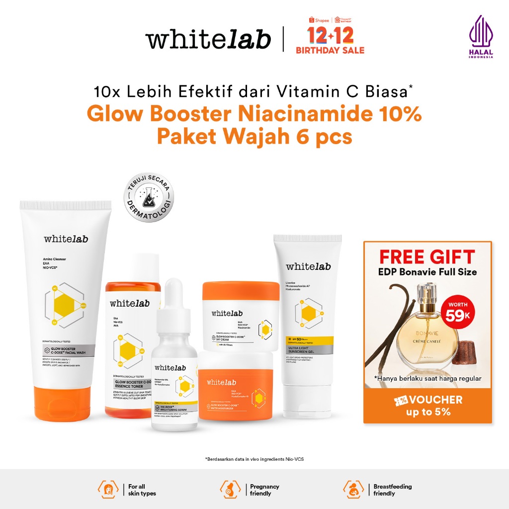Whitelab 6 pcs Glow Booster C-Dose+ Brightening Paket Wajah - Facial Wash, Toner, Serum, Moisturizer