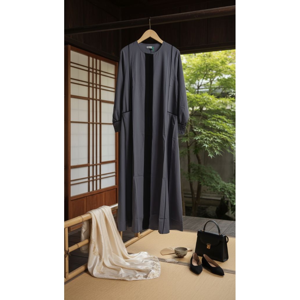 gamis wolfis abu kebiruan, hijab, abaya