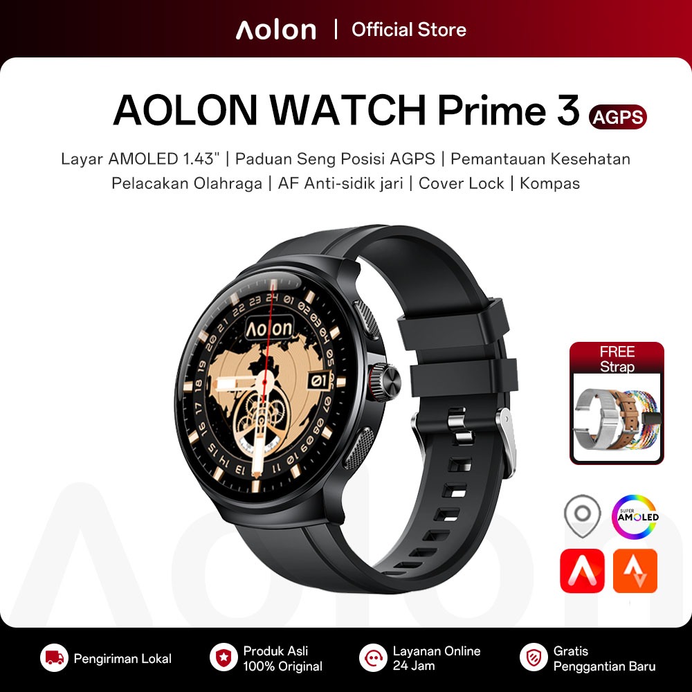 [Free 3 straps] Aolon Prime 3 Jam Smartwatch Pria 46mm 1.43‘’ Amoled Tahan Air 1ATM Cover Lock Metal