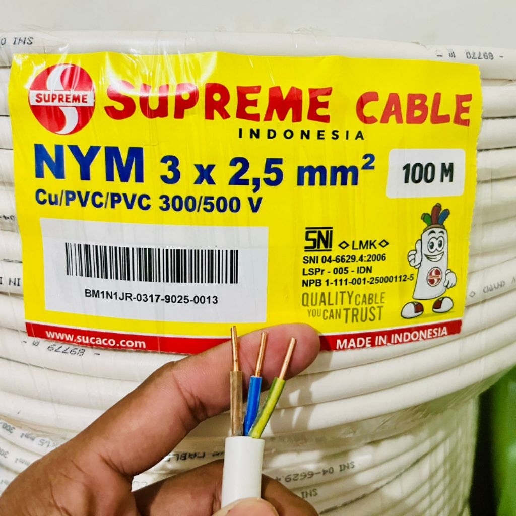 JUAL ECER.KABEL SUPREME NYM 3X2.5 PANJANG 25METER(KAWAT)SNI TEMBAGA MURNI