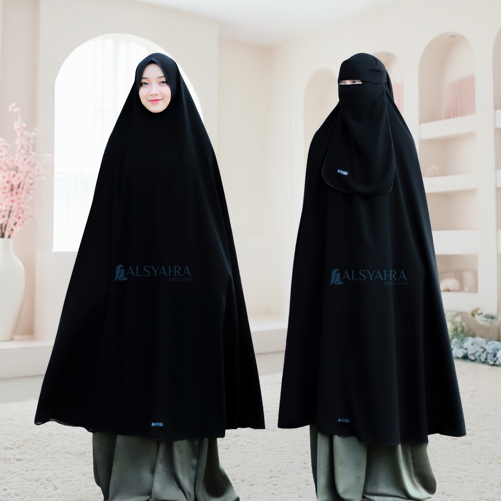 Alsyahra Exclusive -  Set Long Khimar Like Mukena Haramain Niqab Bandana Jetblack
