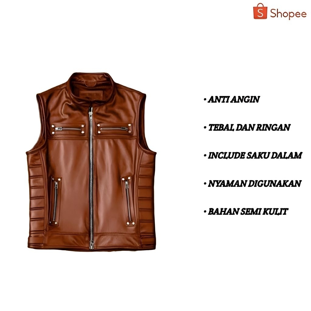 Jaket Rompi Kulit Pria Kualitas Tebal Anti Angin | Touring Terbaru Kekinian