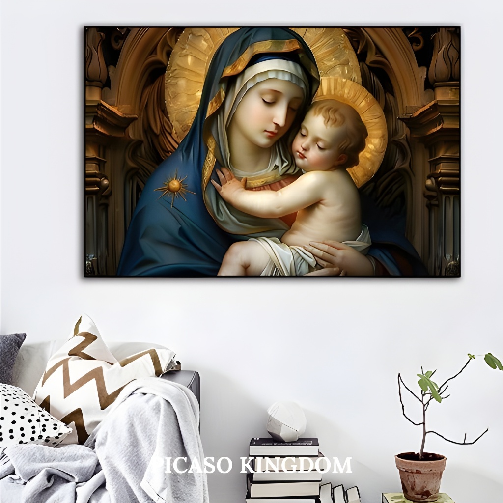 Lukisan Horizontal Porcelain Diamond 5D Painting Hiasan Dinding Mewah - Tuhan Bunda Maria Hoki - Bin