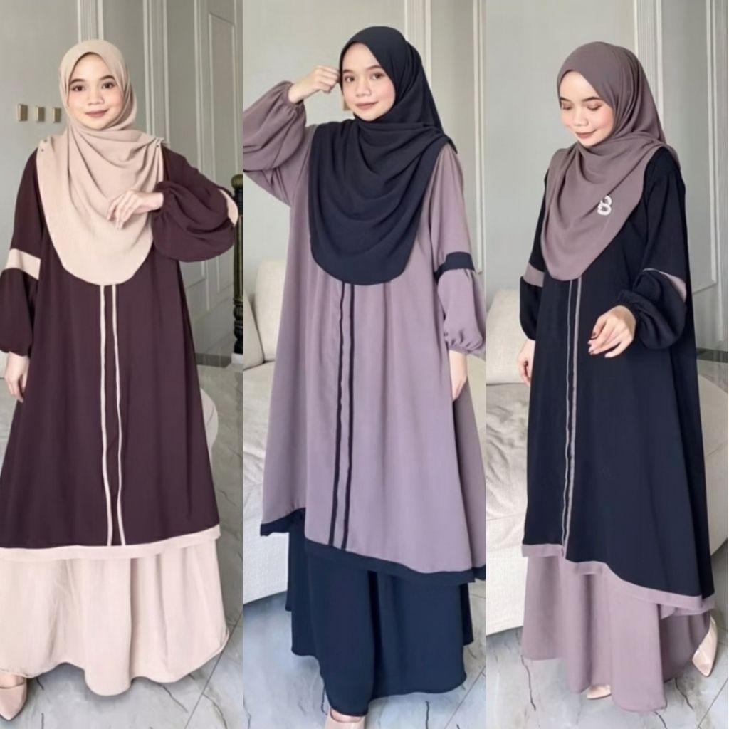 Oneset Nayyara Setelan Rok tunik Syar’i Jumbo Ld 120 Set Tunik Malaya Terbaru