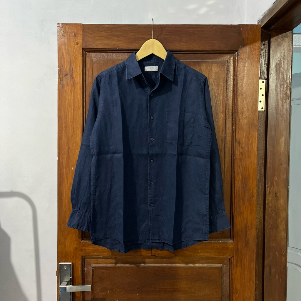 [M-L] Uniqlo Cotton Linen Long Sleeve Shirt I Blue Navy I Vintage Vtg Retro Kemeja Garis-garis Salur