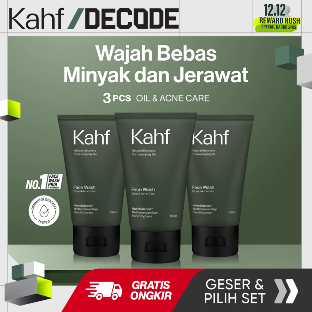 Triple Pack Kahf Face Wash Oil and Acne Care 100 ml - 3 pcs Sabun Cuci Muka Pria Bantu Lawan Jerawat