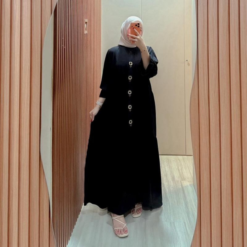 Melda Dress Gamis Rayon Twill Motif Bordil Bunga