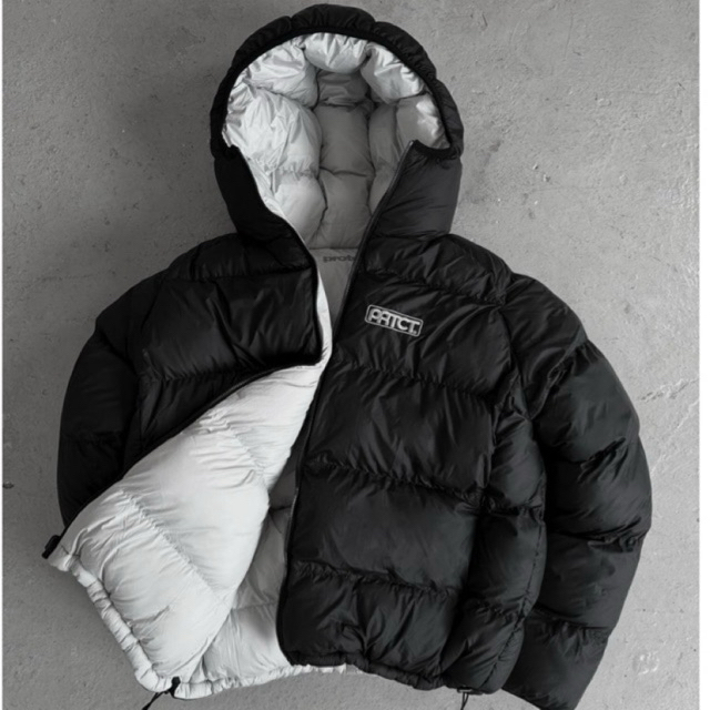 Jaket Winter Bolak Balik / Puffer Jacket Hoodie Varsity Hitam Putih