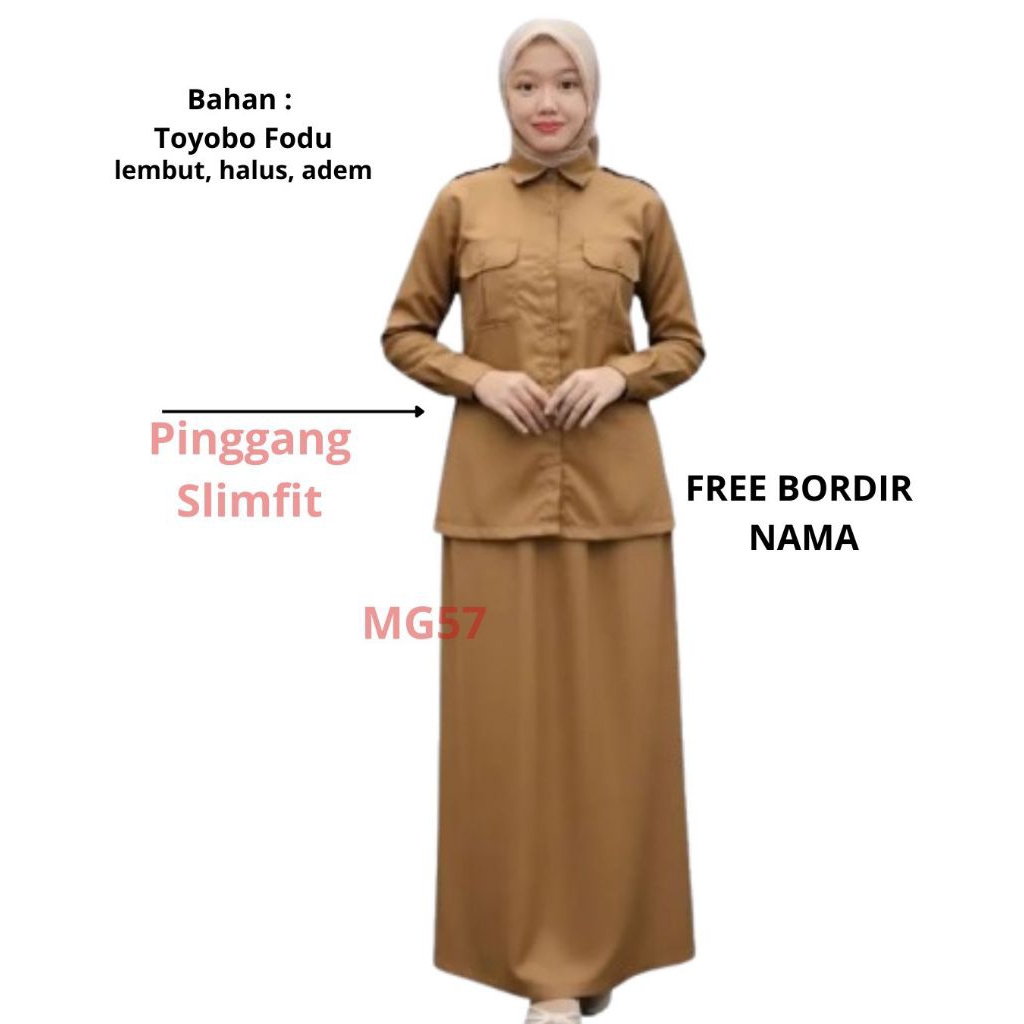 Seragam pns pppk perawat bidan  asn khaki keki setelan rok A lengan panjang free nama