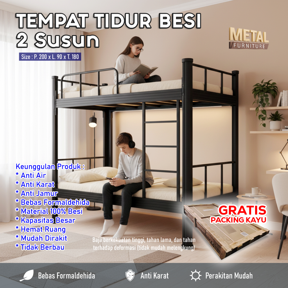 Ranjang Susun Besi Kokoh - Dipan Kasur 2 Tingkat Minimalis Untuk Kamar Anak Kost - METAL FURNITURE