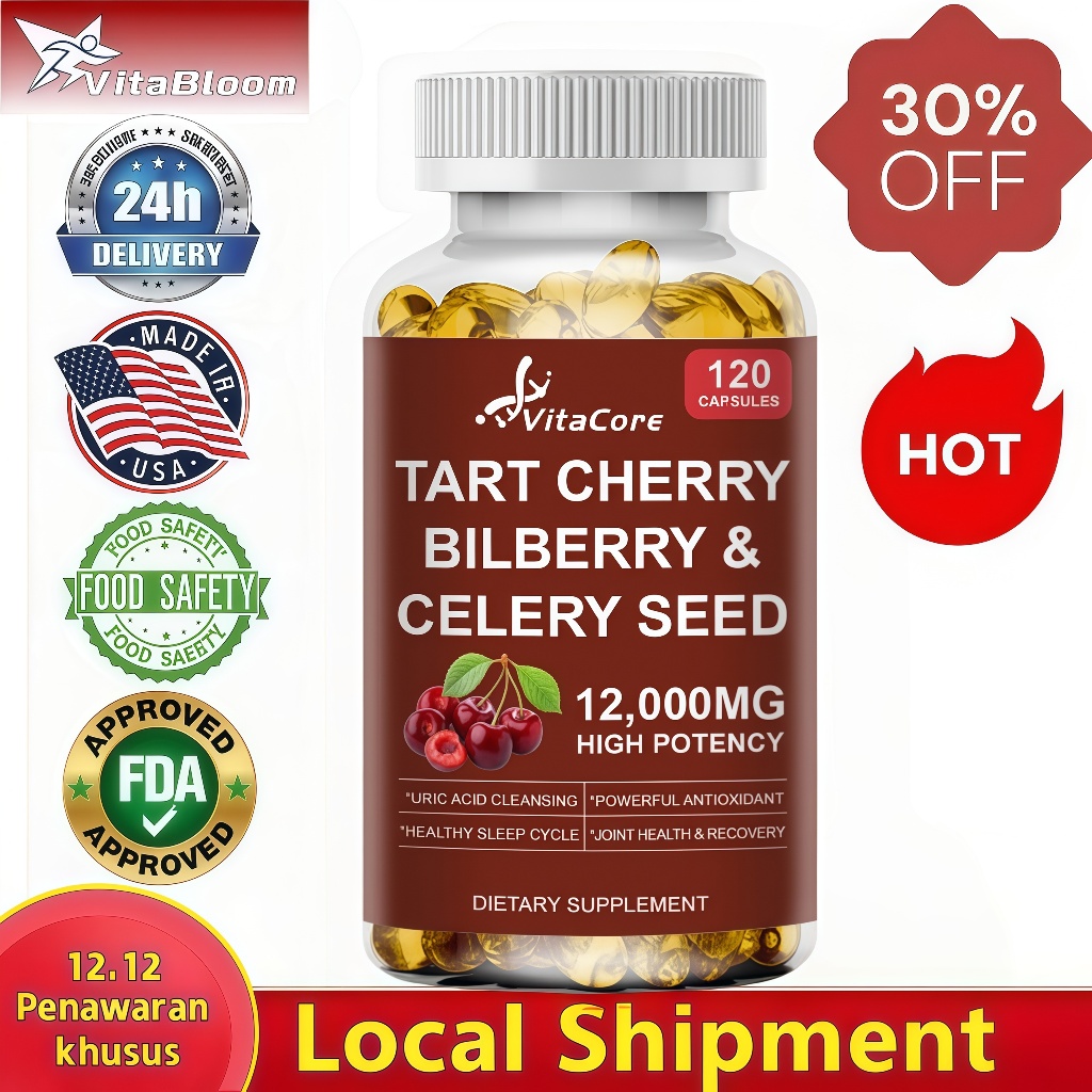 VitaCore Kapsul Ceri Asam, Bilberry, dan Biji Seledri 12.000 mg Tinggi Penurun Asam Urat, Antioksida