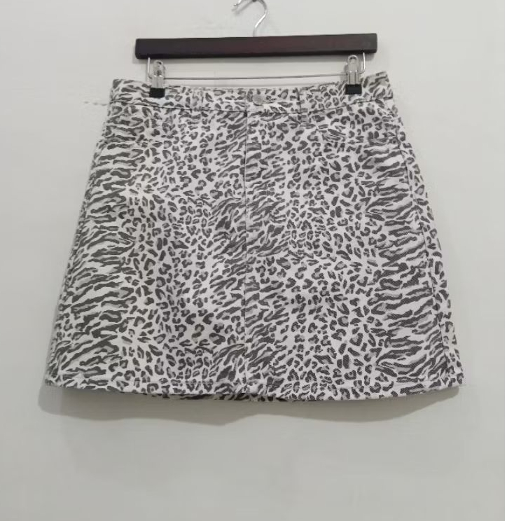 Rok Mini Jeans Skirt Jins Corak Macan Leopard Murah