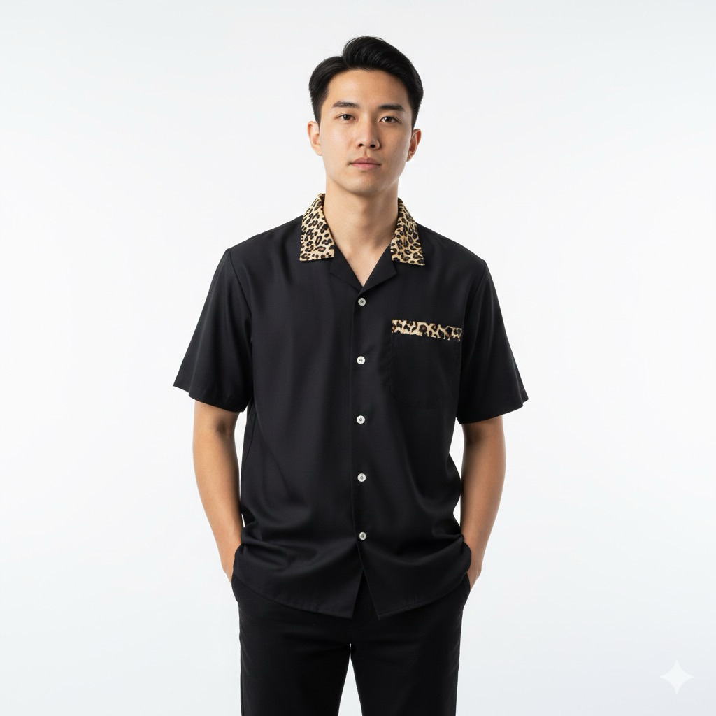 Leopard Shirt Buton Collar Stripe Pria Pendek Baju Motif Panjang Rayon Hitam Custom Casual