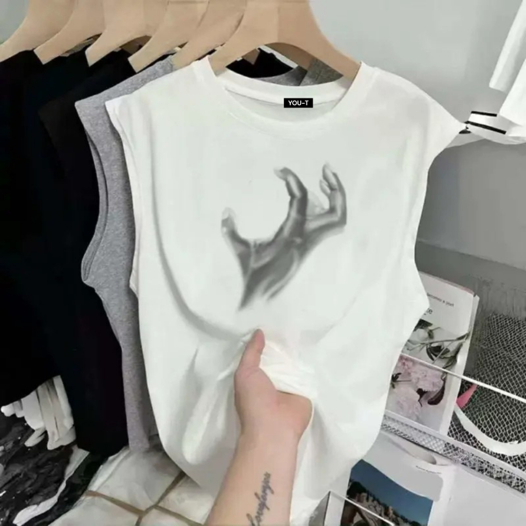 BASIQUE-"HAND"/Kaos atasan wanita korea style/baju oversize Premium Tanpa Lengan/atasan katun bangko