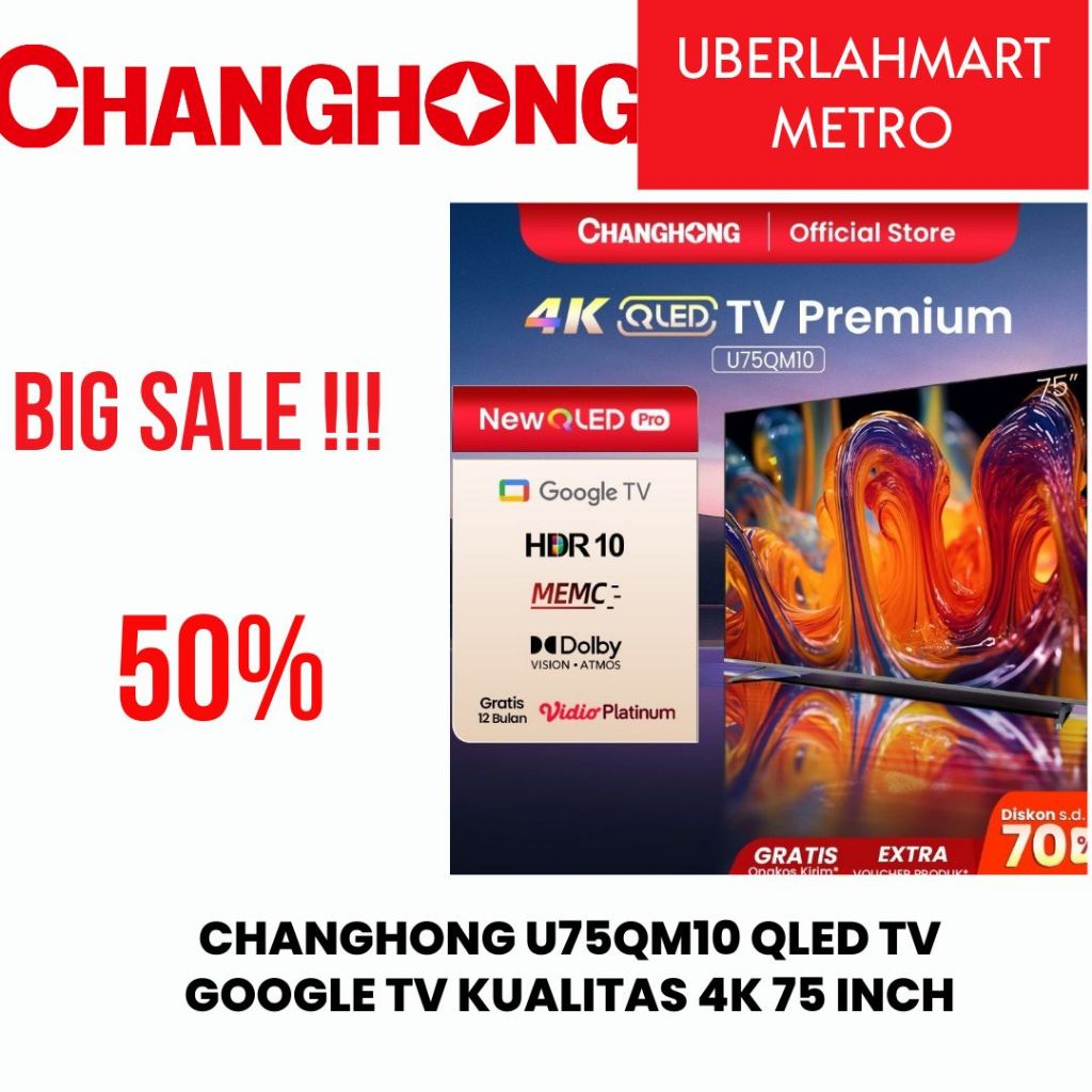 CHANGHONG QLED TV 75 INCH U75QM10 LAYAR 4K GOOGLE TV