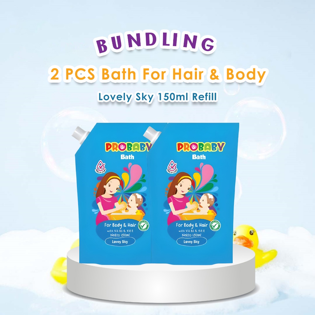 BUNDLING HEMAT 2x PROBABY Bath For Hair & Body Lovely Sky 150ml Refill - Sabun Mandi Bayi & Anak Lem
