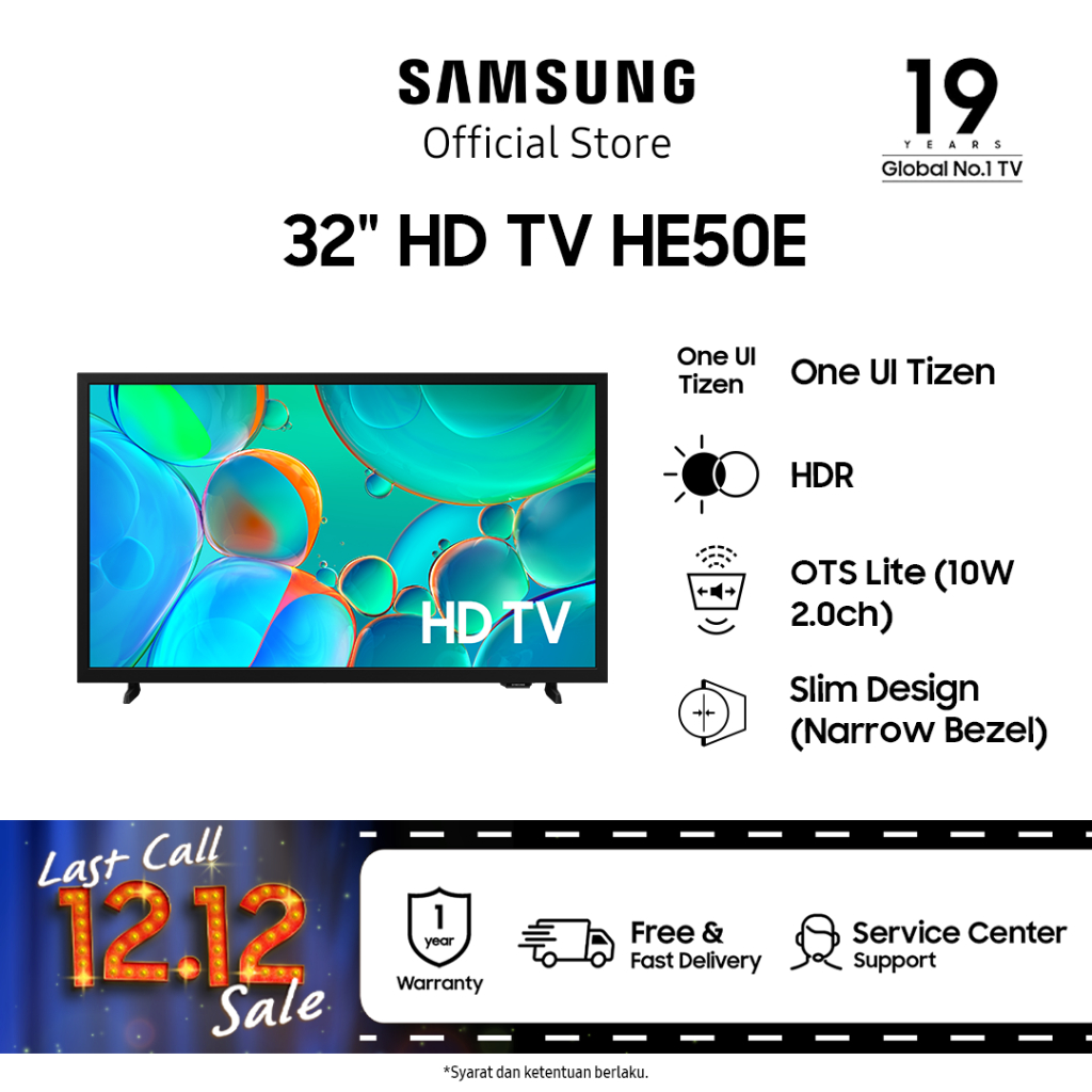 Samsung 32" HD HE50E TV | HDR | OTS Lite | One UI Tizen | Slim Design | UA32HE50EFKLXD