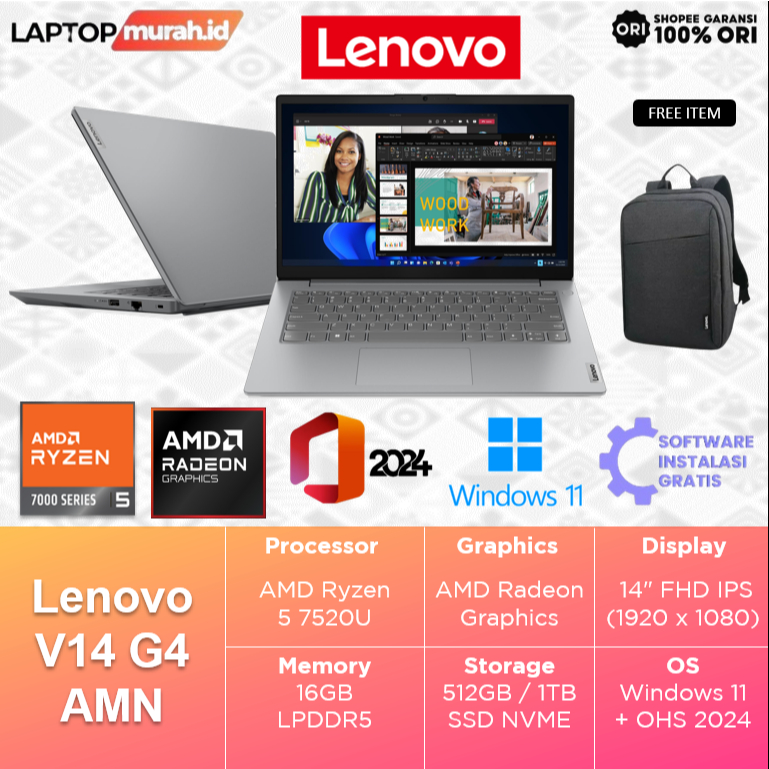 Lenovo V14 G4 AMN Ryzen 5 7520 16GB 1TB SSD W11 + OHS 2024 14 inch FHD IPS