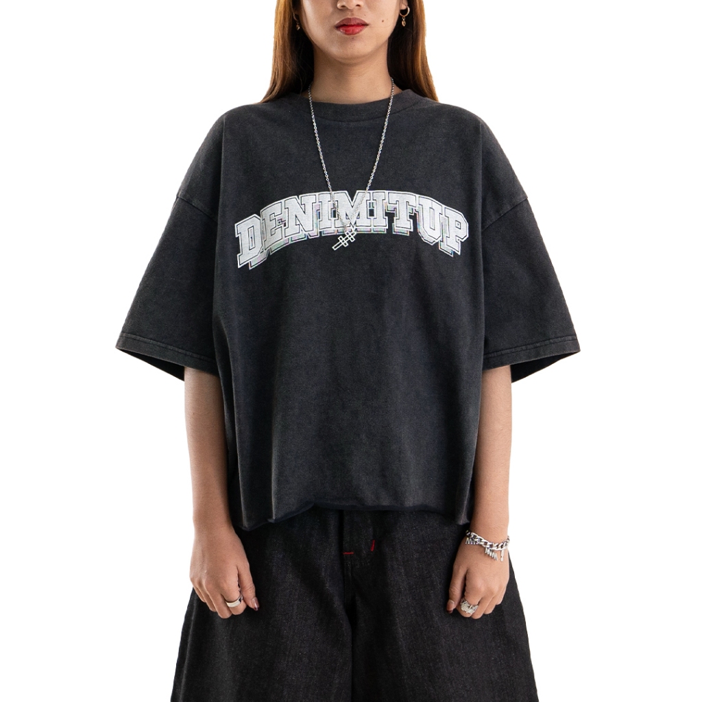 Denimitup Logo Tee x Heiden Heritage - Snowish Grey White On Black - Baju