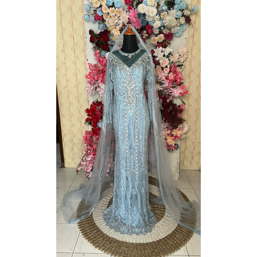 preloved gaun slim baby blue full payet