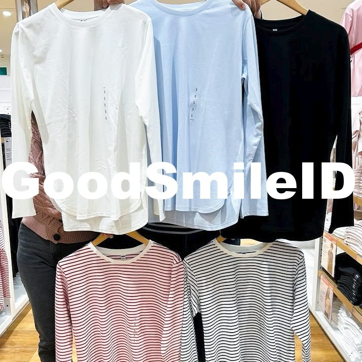 SALE Women T-Shirt Katun Lembut Hem Bulat Rileks Smooth Cotton Garis Stripe Lengan Panjang Kaos Wani