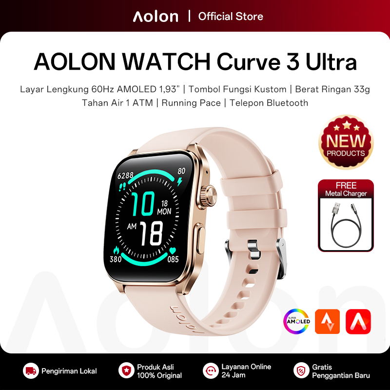 Aolon Curve 3 Ultra Jam Tangan Smartwatch 45mm Layar AMOLED 60Hz Tombol Kustom Telepon Bluetooth Pem