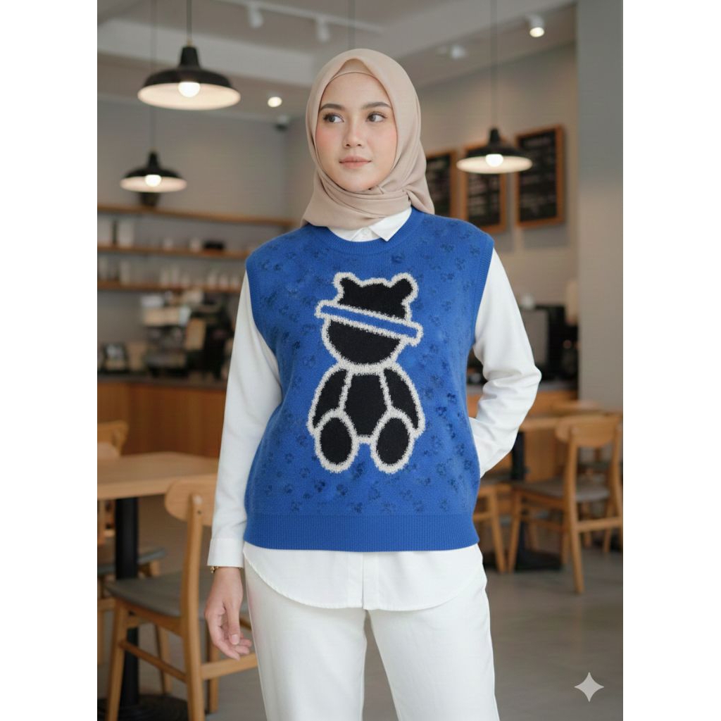 Vest Lucu Motif Hewan Beruang Warna Birel Cakep Rompi Korea LD 110 PJ 60