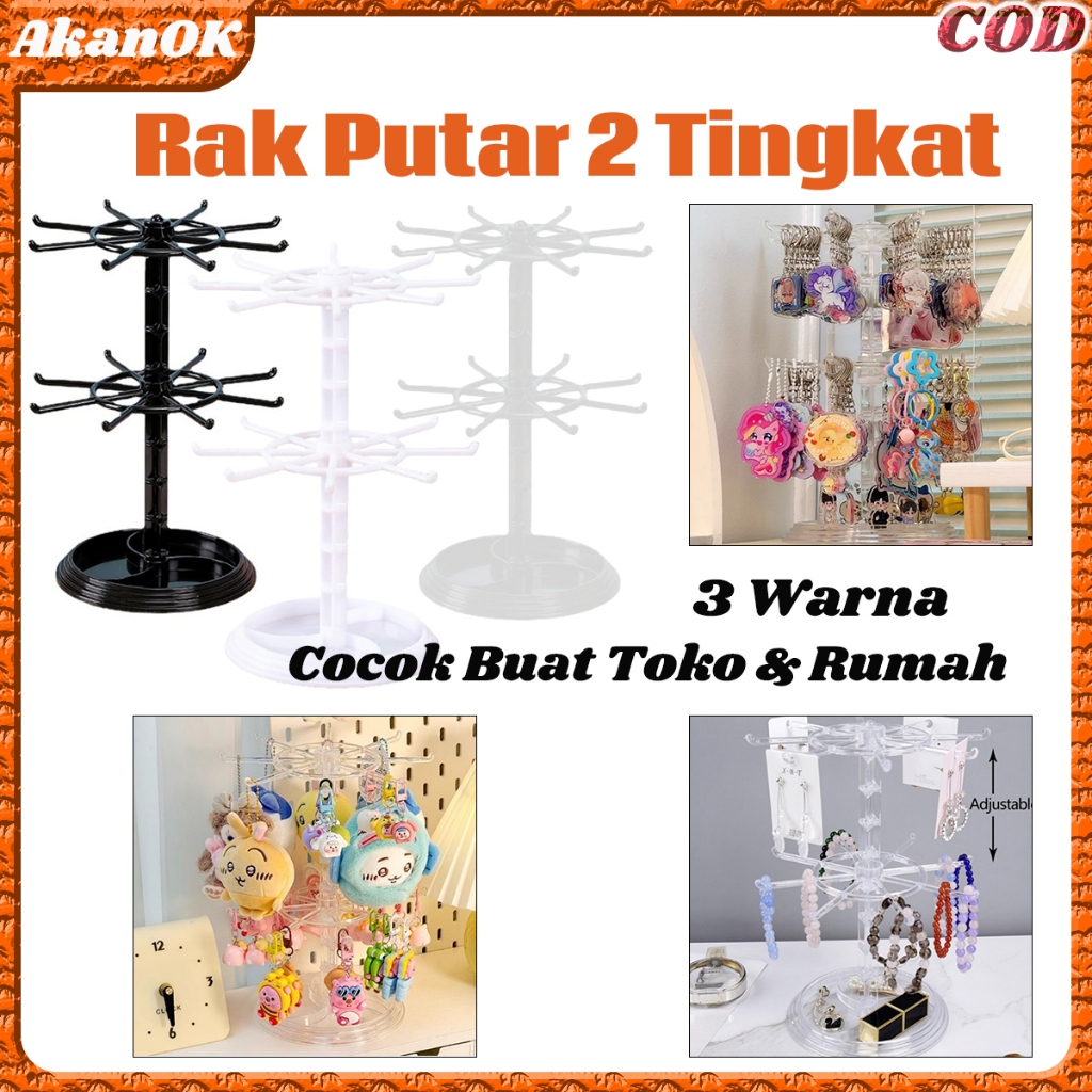 Rak Putar 2 Tingkat|Rak Gantung & Display Perhiasan Meja, Penyimpanan Cincin Kalung Gelang, Bahan Pl
