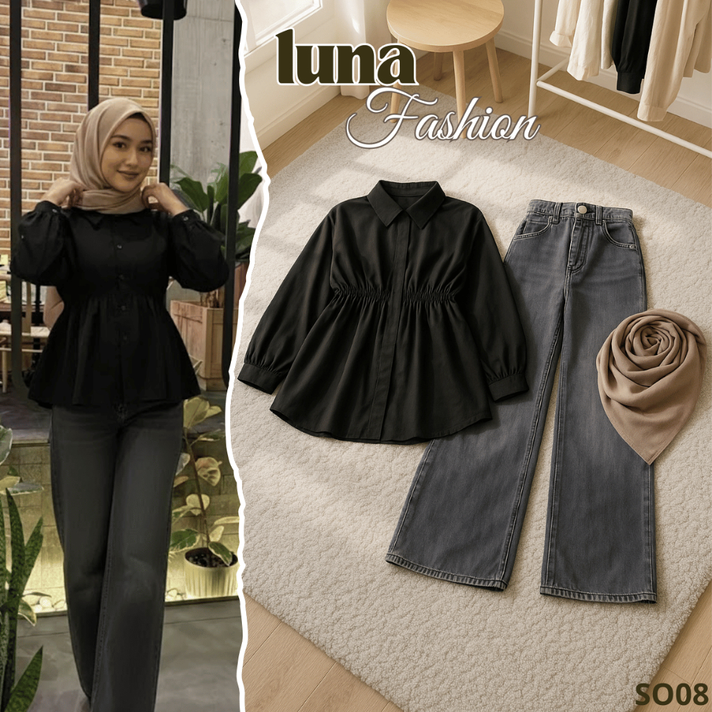 One Set wanita hijab kekinian Luna Fashion || Bella Square Frappuccino + Alya Shirt + highwaist kulo